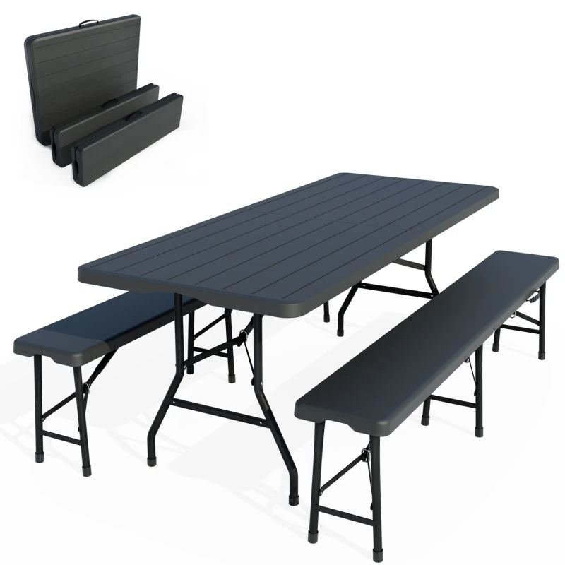 ONBEST Bierzeltgarnitur Woody – 180 cm – Klappbar – Kunststoff Holzoptik – 3-teilig