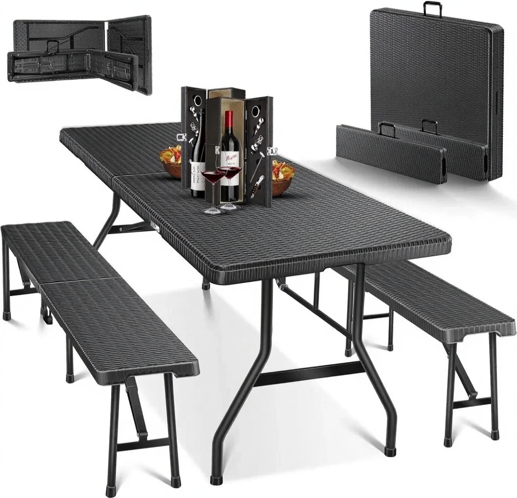 KESSER Bierzeltgarnitur – 180 cm – Klappbar – Rattan-Look – 3-teilig