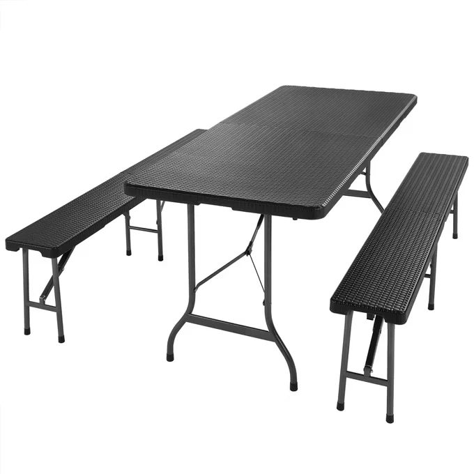 Bierzeltgarnitur Malmö – 180 cm – Klappbar – Rattan-Optik – 3-teilig – Schwarz